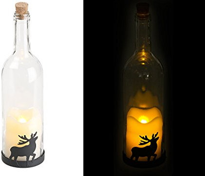 Lunartec Flaschendeko mit Licht: Deko-Glasflasche mit LED-Kerze, bewegliche Flamme, Timer, Elch-Motiv (Glasflasche mit LED Licht, Flaschenlicht mit Timer, Tischleuchte Batterie)