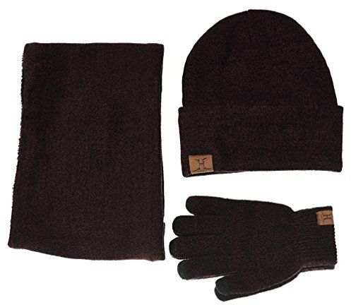 TMEOG Wintermütze Herren Mütze Schal Handschuh-Sets, Touchscreen Handschuhe Beanie Warme Mütze Strickmütze Winterschal Herren mit Fleecefutter (Rot)