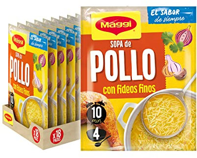 MAGGI Sopa de Pollo con Fideos Finos - Sopa Deshidratada - Pack de 18 x 82g (4 raciones por sobre)