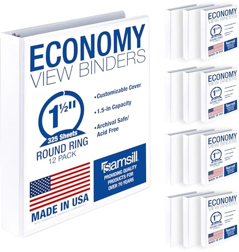 Samsill 1.5 Inch 3 Ring Binders, Made in USA, Economy Round Ring, Clear View Cover, 325 Sheet Capacity - for School, Home, Office - White, 12 Pack