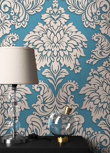 NEWROOM Barocktapete Tapete beige Ornament Barock Vliestapete blau Vlies moderne Design Optik Tapete Barocktapete Wohnzimmer Glamour inkl. Tapezier Ratgeber