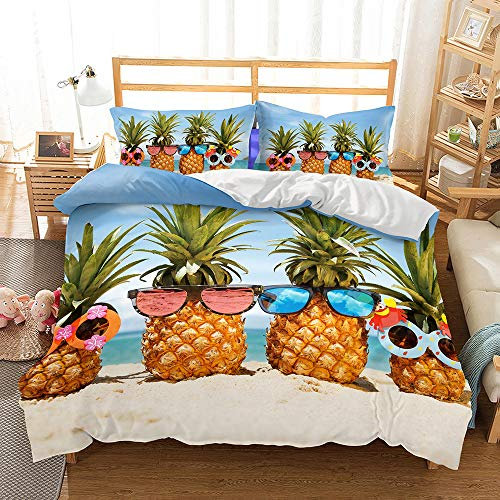 Treer Bettwäsche 3 Teilig, 3D Bedding Bedrucktes Mikrofaser mit Reißverschluss Bettbezug und Kopfkissenbezüge Bequem Weich Haltbar Bettwäsche-Set (135x200cm,Ananas)