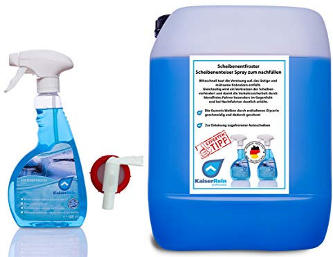 KaiserRein Scheibenentfroster 10 L Kanister Spray 500 ml und Hahn Scheibenenteiser Spray Verkratzen der Scheiben verhindert und damit die Verkehrssicherheit durch blendfreies Fahren deutlich erhöht