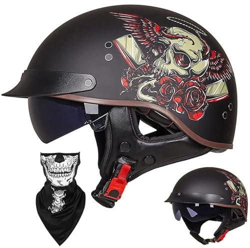 EBAYIN Casque Moto Demi Casque Bol Brain - Cap RéTro Harley Jet Casque Certifié ECE Cruiser Chopper Scooter Pilote Casque Lunettes IntéGréEs Unisexe Casque à DéGagement Rapide,F-XXL=（63~64cm）