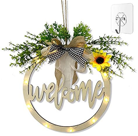 Welcome Sign for Front Door, Outdoor Welcome Porch Sign Hollow Carved, Farmhouse Wooden Welcome Sign for Spring Daisy Wreath, Rustic Round Led Lighted Hanging Sign for Home Decorations