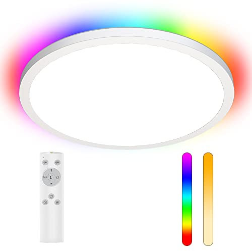 LEDYA LED Deckenleuchte dimmbar, 18W RGB Deckenlampe mit Fernbedienung, runde feuchtigkeitsbeständige Deckenbeleuchtung, 1600LM Ø295×25mm