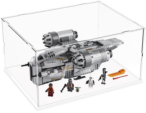 Nynelly Vitrine für Sammlung, Vitrine für Figuren, Vitrinenbox aus Acryl, Transparent, mit weißer Basis Zum Zusammenbauen, Staubschutz, mit Leuchtband