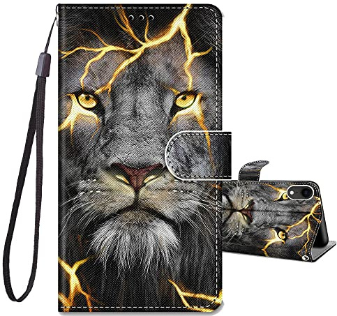 JRIANY Wallet Flip Case for iPhone XR with Card Holder, Lion | PU Leather Phone Case with Card Slots, Cute Pattern Animal Design, Shockproof Protective Cover, Wrist Strap, Magnetic Closure