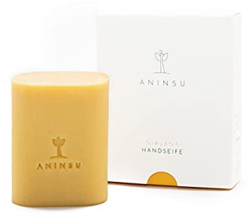 Nirvana Handseife von Aninsu | zertifizierte Naturkosmetik | vegan plastikfrei handgemacht | mit Bio-Ölen | Reinigung Pflege | einzigartiger Duft | mit Kurkuma und Sanddorn | 80 g