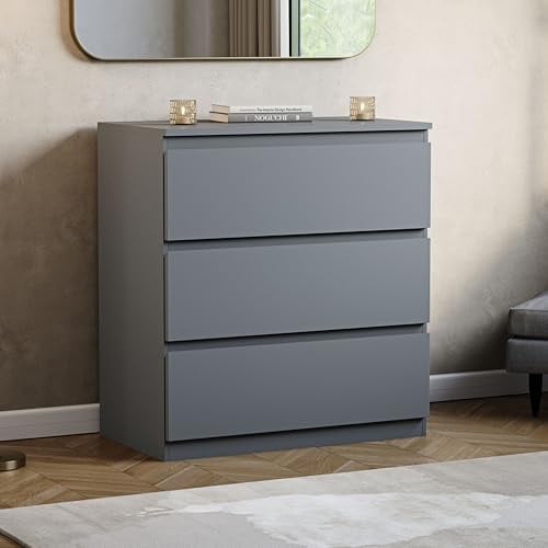 Vida Designs Denver 3 Drawer Chest of Drawers | Grey | Space-Saving Storage | 74H x 70W x 40D cm | Minimal | Smooth Metal Runner | Engineered Wood | Modern Bedroom Chest of Drawers Unit