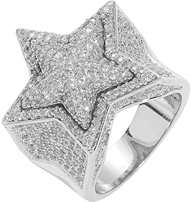 DFWY Herren Iced Out CZ Simulated Diamond 3D Star Ring -14K Vergoldeter Hip Hop Bling Pentagramm Zirkon Ring - Funkelnder Strass Rapper Street Rock Schmuck(Silver,09)