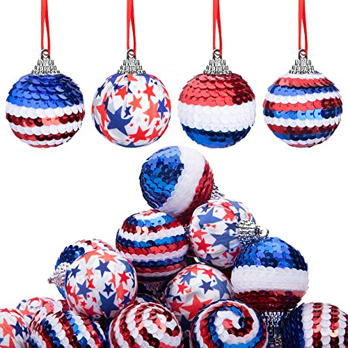 24 Stück Unabhängigkeitstag hängende Kugel – 4 cm Gedenktag Pailletten hängende Kugel Ornament – 4. Juli rot weiß blau Baumschmuck für Gedenktag Veteranen patriotische USA Motto Party Supplies