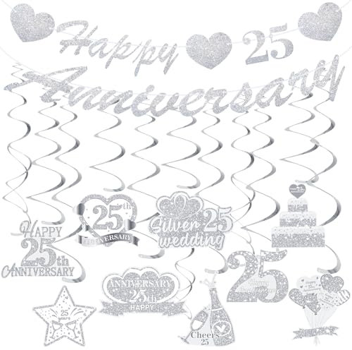 25th Wedding Anniversary Decorations Silver Happy 25th Anniversary Banner and Hanging Swirls for Silver Wedding Party Decorations