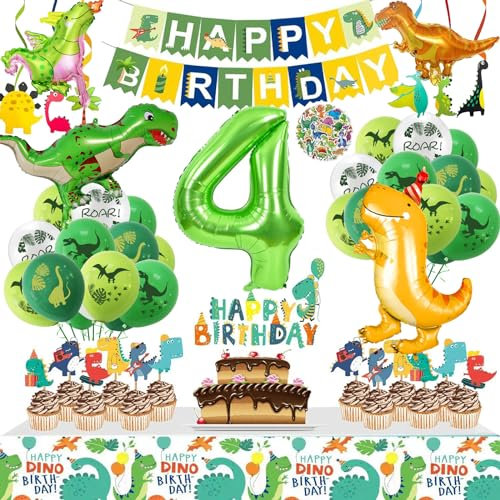 Dino Geburtstag Deko 4 Jahre, VUCDXOP Dinosaurier Geburtstag Deko, Dino Folienballon Geburtstagsdeko Jungen, XXL Dino Luftballons Geburtstag 4, Luftballons Grün für Dinosaurier Party Dekoration