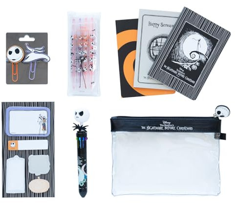 Grupo Erik: Set Cancelleria The Nightmare Before Christmas | Kit di Cancelleria con 3 Quaderni A6, Penna multicolore 10 colori, 4 Evidenziatori, Clips, Note adesive e Astuccio Jack Skeletron
