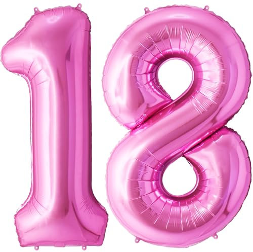 FUNFEST Palloncini per compleanno 18 anni, colore rosa da 100 cm, decorazione per palloncino di compleanno, inclusi palloncino per 18 anni, XL e cannuccia, volo con elio e riutilizzabile di alta