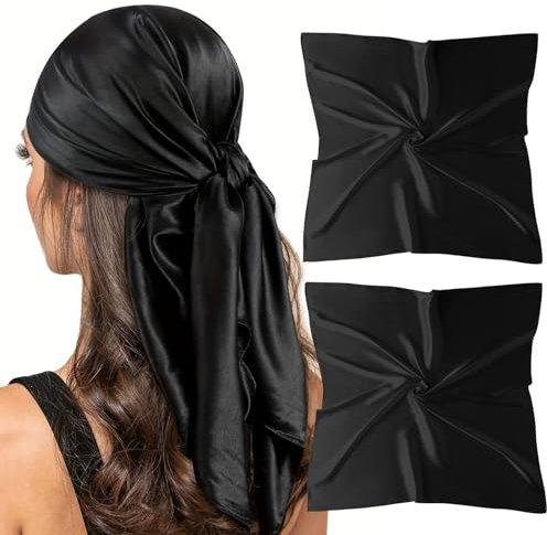vimate Schwarze Seiden Kopftuch-Sommer 35'' Quadratische Bandana Seinschal für Damen Satin Haar Schals für Schlafen in r Nacht (2 Pack-Schwarz)