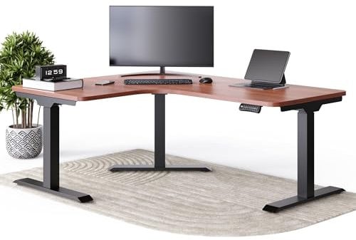 DESKSPACE Corner Elektrisch Höhenverstellbarer Eckschreibtisch -10 Jahre Gewährleistung, Eckschreibtisch mit Memory-Funktion & Anti-Kollision Schwarz Gestell, Mahogany Tischplatte, 160 x 130 x 70 cm