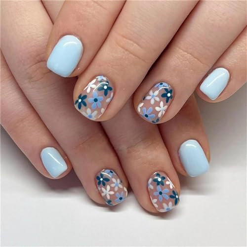 Light Blue Flowers Fake Nail Short Square Press on Nails French Tips Nail Art Decoration for Women and Girls Manicure 24pcs