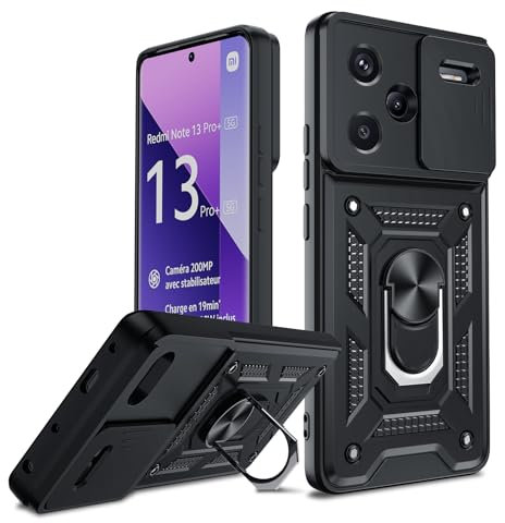 LeYi Funda para Xiaomi Redmi Note 13 Pro Plus 5G, Carcasa Cubierta de cámara Deslizante Proteger Anillo Soporte Silicona TPU Armor Bumper Case, Negro