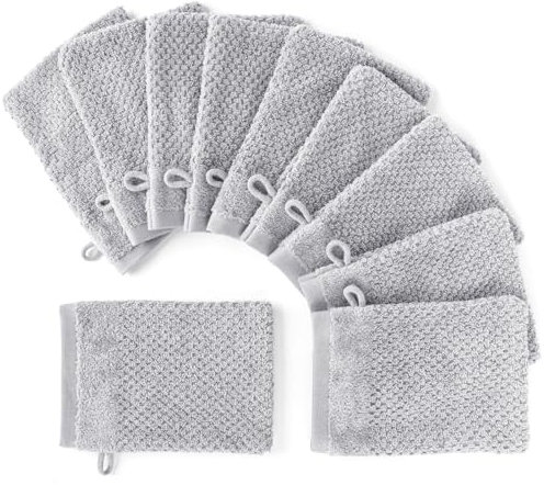 Pure Label 10-TLG. Waschhandschuh Set 16x21cm mit Anhängeschlaufe aus 100% Baumwolle, saugstark, weich und Oeko-TEX Zertifiziert - 10 Waschlappen aus Baumwolle, Hellgrau - Grau