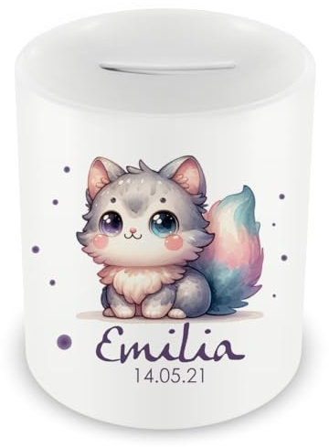 Samunshi® Kinder Spardose mit Namen und Süße Katze als Motiv für Kinder - Jungen und Mädchen Sparschwein 330ml weiß