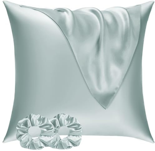 Vielit Satin Kissenbezug 80x80 2er Set & 2 Haargummis, Satin Kopfkissenbezug 80x80 Grün, Weich wie Seidenkissenbezug 80x80,Bessere Pflege als Silk Pillosecase,Kissenhülle Kissenbezug für Haar und Haut