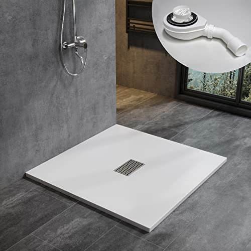 WITEN&NOCK Duschwanne 100x100 cm SMC Brausewanne weiß Steinoptik Antirutsch Duschtasse Höhe 3,2 cm Extraflach Brausetasse mit Ø 90mm Siphon und Edelstahl-Abflussrinne