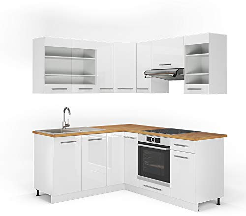 Vicco Eckküche Fame-Line, Küchenzeile in L-Form, Weiß Hochglanz/Weiß, 160 x 190 cm, AP Eiche