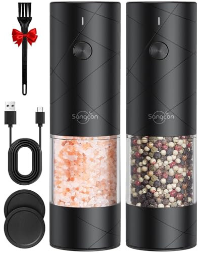 Sangcon Moulins à Sel Et à Poivre électriques Rechargeable USB, Ensemble de Moulins à Sel Et à Poivre Automatiques de Grande Capacité, OpéRation à Une Main, 6 GrossièRetéS RéGlables Et LumièRes LED