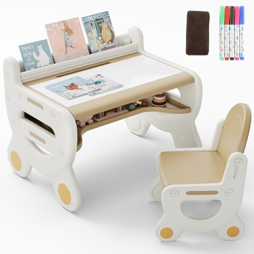 Kindertisch mit Stühlen,Kindersitzgruppe mit Stauraum, Multifunktionaler Kinder Tisch Stuhl Set,Kinder Zeichentisch und Stuhlset für Kinderzimmer,Kindertisch und Stuhlset zum Essen,Spielen,Lesen,Braun