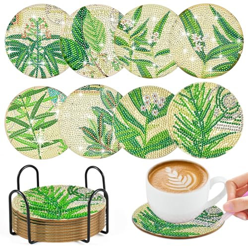 8pcs Diamant Peinture Dessous de Verre avec Support, 5D DIY Coasters Mandala Dessous, Rond Sous-Verres Art de Diamant, Tasse Boissons sous-Verres Dessous Verres de Table pour Adultes Artisanat