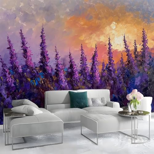Photo Wallpaper Heather Sunset Oil Painting Non-Woven Wall Art 350 x 256 cm Wallpaper Murals Living Room Bedroom TV Backdrop Decoration Purple Wall Covering