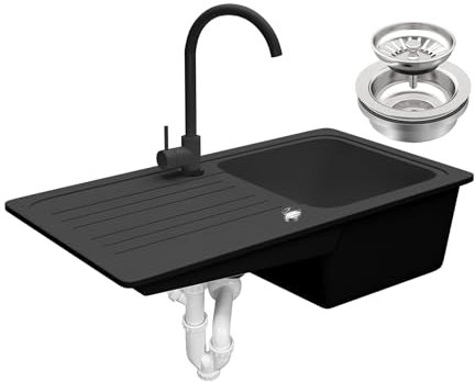 Aquamarin® Évier de cuisine en granit, environ 75,9 x 45,9 cm, avec bonde, égouttoir réversible, rectangulaire, moucheté, noir