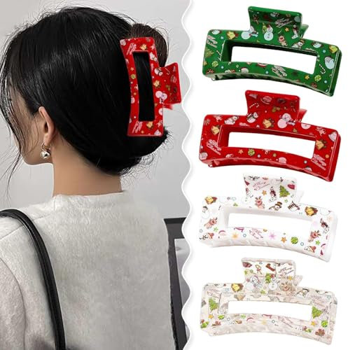 Pince à Cheveux de Noël, 4pcs Pince à Cheveux Imprimé Bonhomme de Neige, Pince Cheveux Femme, Rectangle Grosse Pince Cheveux, Pince à Cheveux Noel pour Festival, Fête (Couleur A)