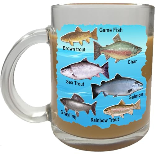 Klassek Game Fishing Mugs for Men Anglers Fishermans Fish Mug Fisher Women Hygenic Glass Coffee Tea 10oz Gift Present. Species, Brown Trout, Char, Sea Trout, Salmon, Grayling, Rainbow Trout