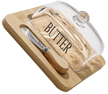 OFFSCH Mantequera De Madera Con Tapa Hermética Recipiente De Vidrio Cortador De Metal Para Mantener