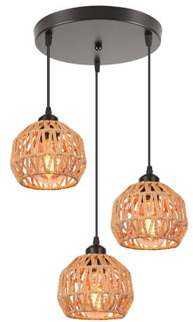 LIGKIN 3 Luci Lampadario Industriale Lampada a sospensione Vintage Paralume in Metallo Corda di canapa E27 Illuminazione a Soffitto Retro per Ristorante Soggiorno Camera da letto