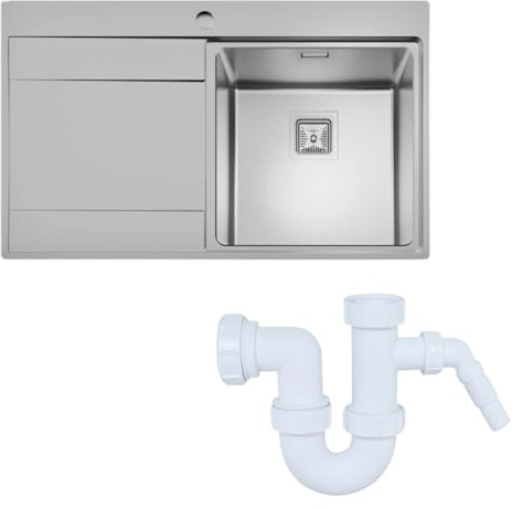 SÄUBER® 860 x 520mm Stainless Steel Kitchen Sink Single One 1.0 Bowl Sinks for Kitchens Bowls, Left Hand Drainer, Inset Drop in Installation with Waste Pipe Kit & Free Basket Strainer Waste