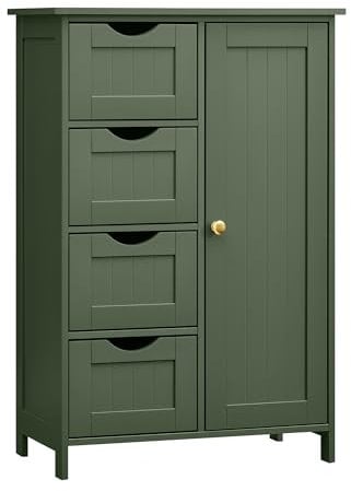 VASAGLE Badezimmerschrank, schmaler Badschrank, Beistellschrank, Kommode, mit 4 Schubladen, Schranktür, verstellbare Ablage, 30 x 55 x 82 cm, waldgrün LHC041C01