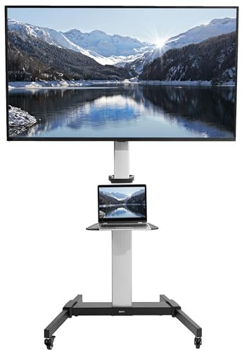 STAND-TV09 - Carrello mobile in alluminio per TV da 32 a 83 pollici, fino a 50 kg, LCD LED OLED 4K, pannelli curvi, supporto resistente con ripiano per DVD, ruote di bloccaggio, colore argento
