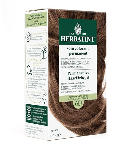 Herbatint Permanentes Haarfärbegel 6D Dunkles Goldblond – 170 ml I Ohne Ammoniak, optimale Grauhaarabdeckung I Auf empfindlicher Haut getestet, mit 8 Pflanzenextrakten