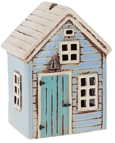 Lichthaus | Teelichthaus | Lichterhaus | Teelichthalter | Kerzenhalter | Keramik (Hellblau/Beige 15x11,5x8,7 cm)