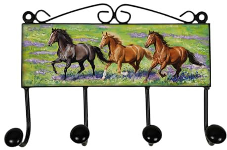 speecheese Pferde auf Blumenwiese Kleiderhaken Leiste mit 4 Haken Hakenleiste im Retro-Stil mit Pferdemotiv - lustige Garderobenlösung