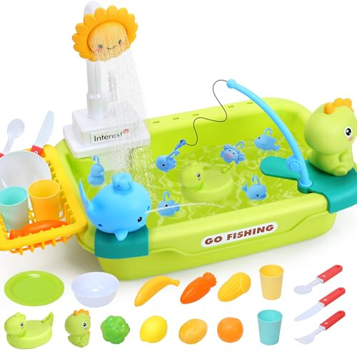 CUTE STONE Kinder-Spüle mit fließendem Wasser, Spielspüle mit verbessertem elektrischem Wasserhahn, schwimmendes Poolspielzeug und Geschirrspüler-Spielzeug, Sommer-Wasserspielzeug für Jungen und