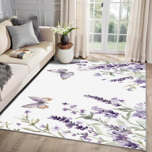 MMYAOKEN Lavendel Teppich Wohnzimmer 140x200 Lila Blumen Schmetterling Deko, Teppich Kurzflor, Weich rutschfest Waschbare Teppiche, Bettvorleger Schlafzimmer Kinderzimmer