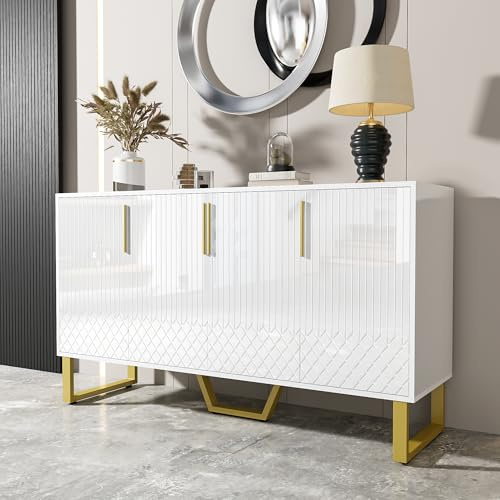Jaxenor Hochglanz-Sideboard Wohnzimmer mit 4 Türen, Modern Wohnzimmerschrank mit Metallgriffe und -Beine, Esszimmerschrank für Wohnzimmer, Esszimmer & Flur, Geometrisches Design, Weiß