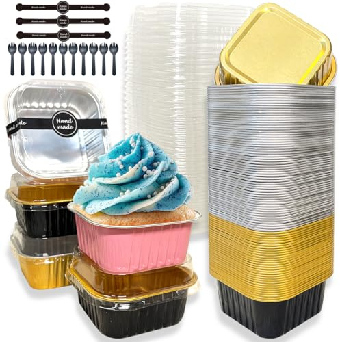 XingyLi 90Pcs Mini Cake Baking Cups with Lids, Spoons and Stickers, 150ml Square Mini Loaf Pans, Reusable Aluminum Cake Tins, Foil Baking Pans, Small Loaf Cases Boxes, Tart Pie Cake Containers