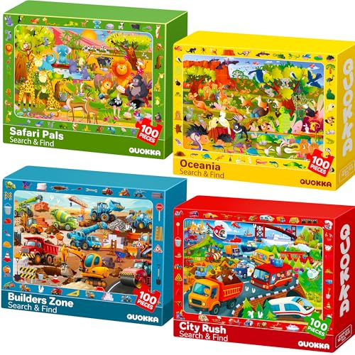 QUOKKA Puzzle ab 3 4 5 Jahre für Kinder - 4x100 Teile Puzzle ab 5 6 für Jungen und Mädchen - Suchen & Finden Kinderpuzzle Spiele mit Tiere & Autos - Geschenk Spielzeug für Kinder 6 7 8 Jahre