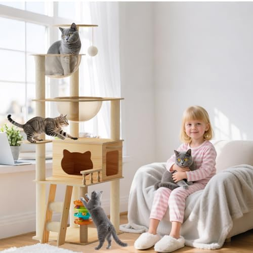 PETCUTE Arbre à Chat en Bois,Maisons et Plateformes pour Les Chats Geants,Plate,150cm Tour à Chats d'intérieur avec Balle Suspendue Jouet et Cabine Spatiale Transparente,Style Moderne